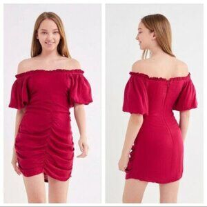 UO Ruched Off-the-shoulder Mini Dress Magenta M 8